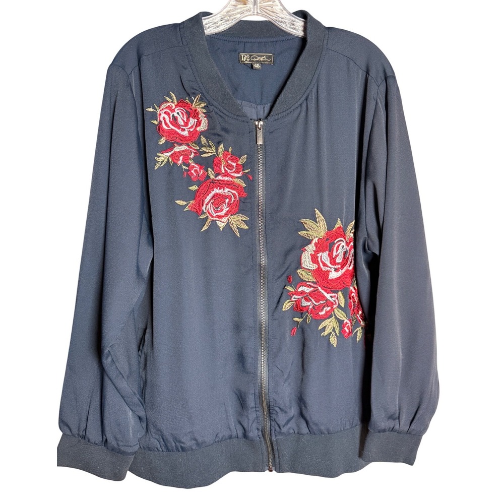 DG2 Diane Gilman Bomber Jacket‎ Womens 1X Navy Blue Polyester Floral Embroidered